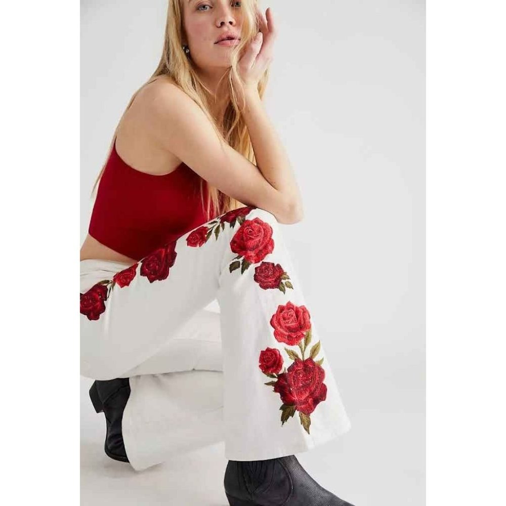 Free People Driftwood Farrah Floral Embroidered Flare in White Size 28